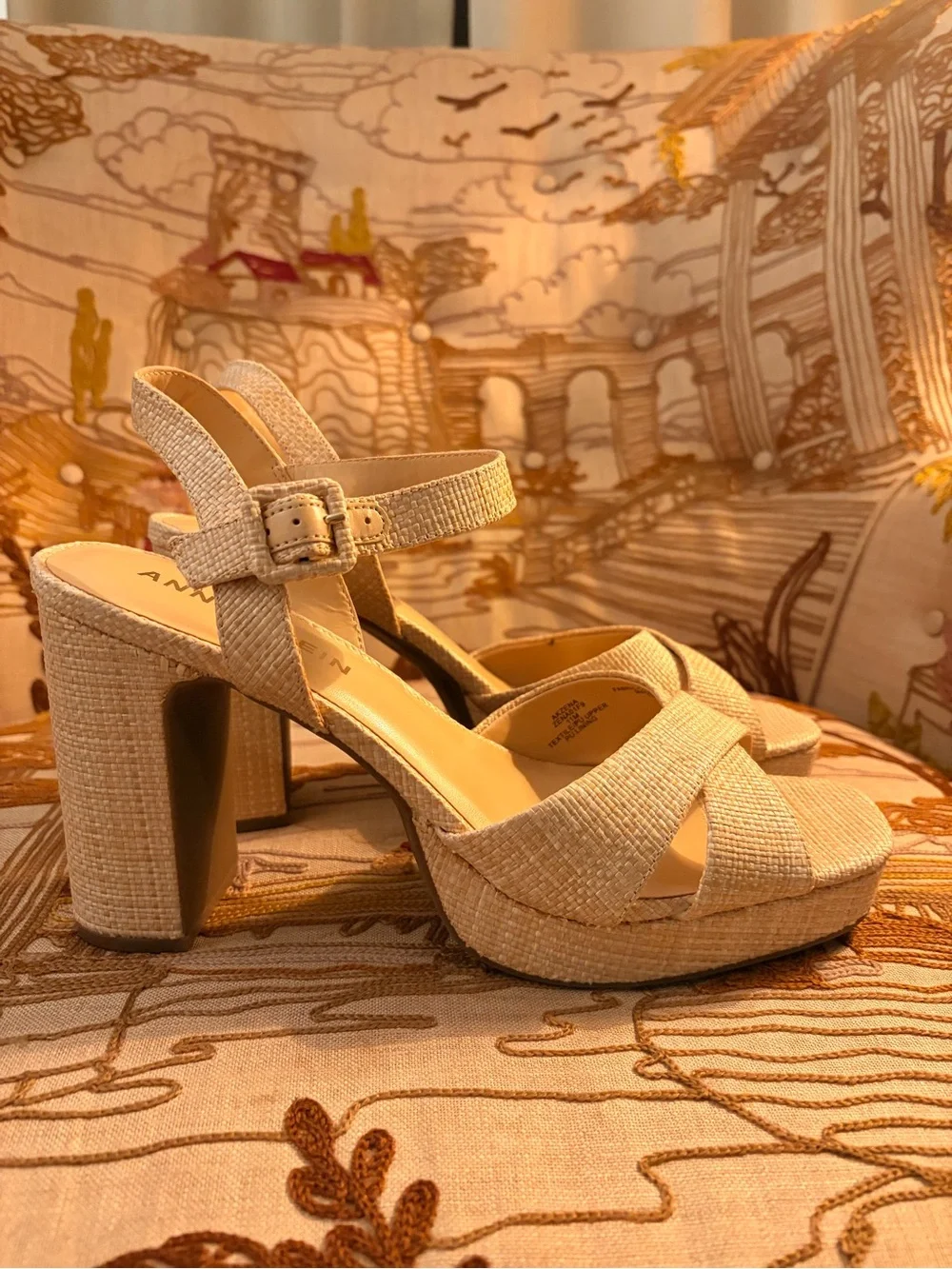 Anne Klein cream Woven Block Heel Sandals